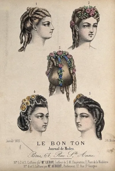 The heads of five women with braided and ringletted hair dressed with flowers and beads