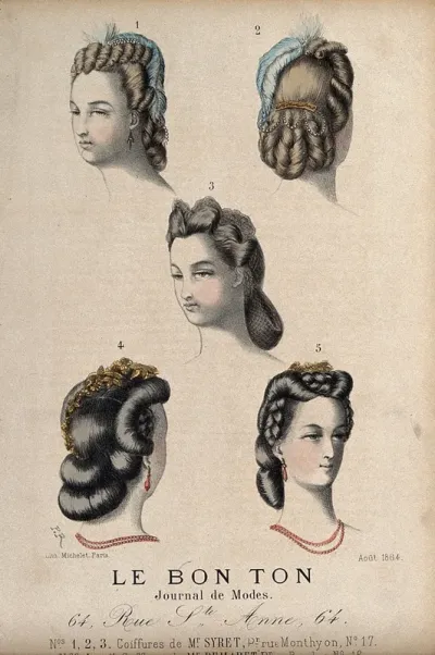 The heads of five women with braided hair dressed with feathers, beads, lace and artificial leaves