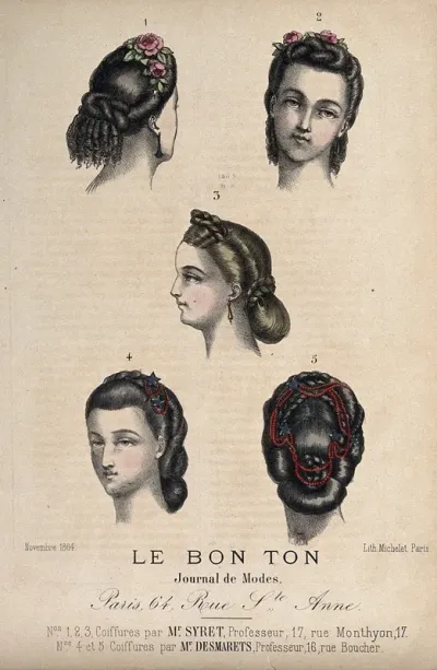 The heads of five women with braided hair dressed with flowers, beads and stars