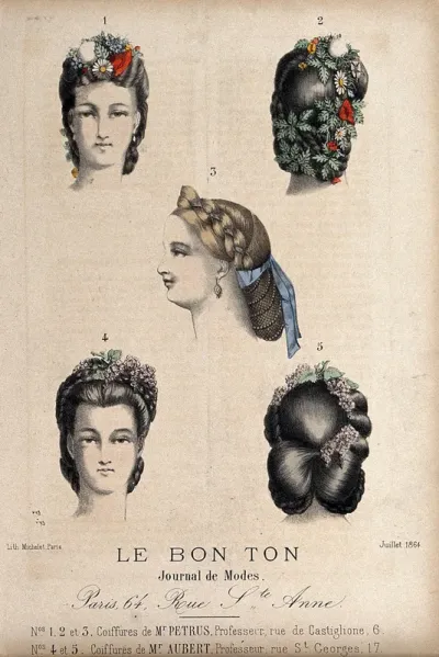 The heads of five women with braided hair dressed with flowers, ribbons and beads