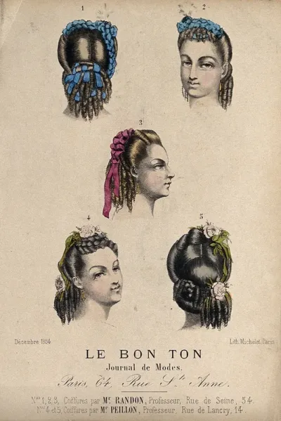 The heads of five women with braided hair dressed with ribbons and flowers