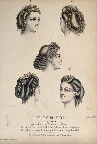 The heads of five women with ringletted hair dressed with flowers, beads and ribbons alluding to ancient Graeco-Roman hair-styles