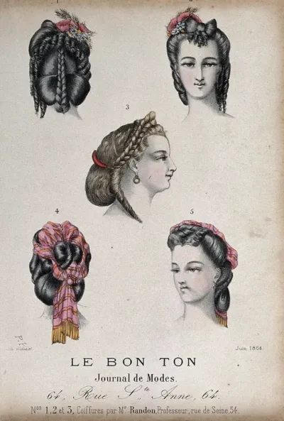 The heads of five women with their hair braided and dressed with feathers, flowers and scarfs
