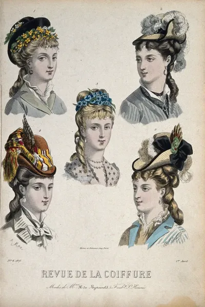 The heads of five women with their hair combed back and dressed with chignons, hats, and flowers