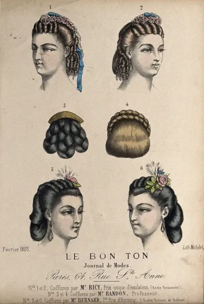 The heads of four women with ringletted hair dressed with ribbons, flowers and feathers; two details of plaited hair-pieces