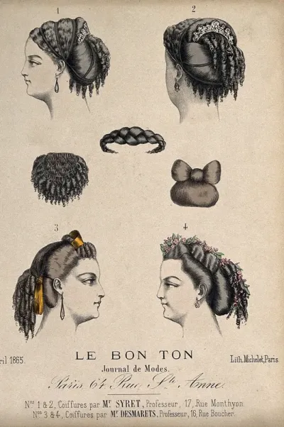 The heads of four women with ringletted hair dressed with ribbons, jewellery and flowers; three details of hair-pieces