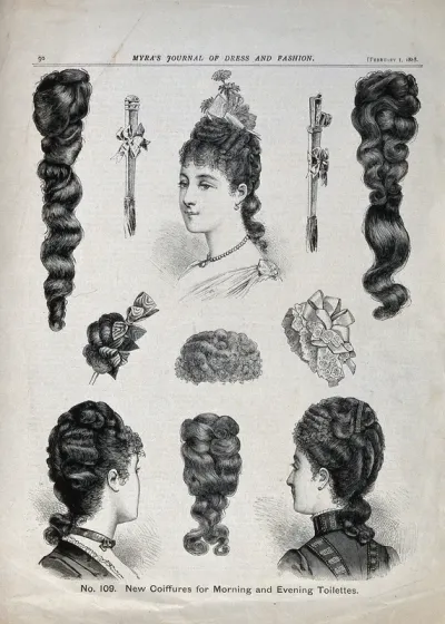 The heads of three women wearing chignons attached to their natural hair; two hair-pins, five hair-pieces and a lace and ribbon head-dress