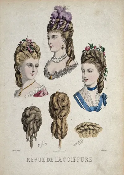 The heads of three women wearing chignons decorated with flowers, ribbons and feathers, attached to their natural hair, above; two chignon pieces and a hair-piece below