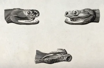 The heads of two snakes and upper palate with fangs of one of them