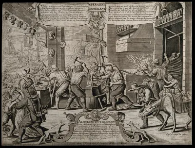 The heads of women are reforged in a workshop by the sea; representing a brutal cure for the 'madness' of women