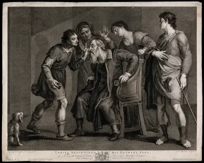 The hollow eyes of blind Tobit are anointed with fish gall by Tobias