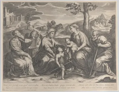 The Holy Family at right, with the infant Saint John the Baptist, Elizabeth, Zacharias, and an angel at left