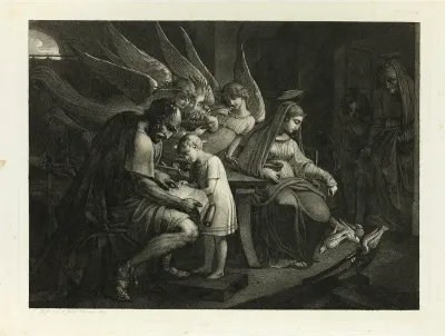The Holy Family Busy at Home: Joseph Teaches the Boy Jesus to Read. Mary Feeds the Pigeons. Elizabeth Enters the Room with John