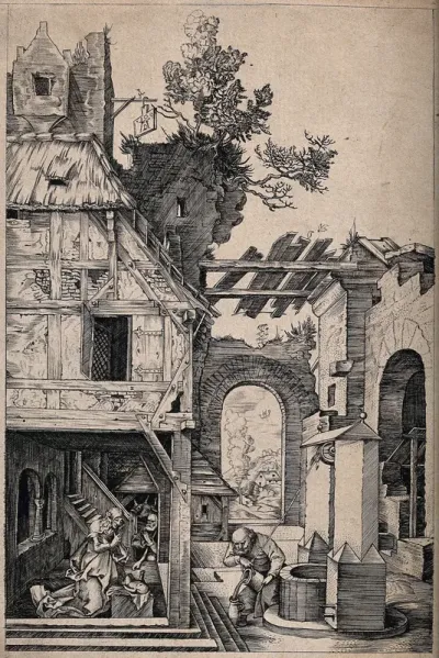 The Holy Family in a stable; a man operates a well outside