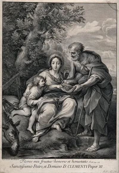 The Holy Family rest on the way to Egypt, eating from a miraculous tree