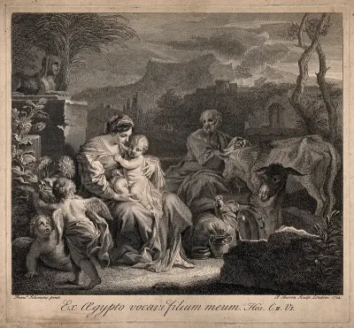 The holy family resting among animals in Egypt