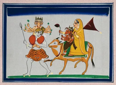 The holy family: Shiva with his wife Parvati and their children Ganesha and Kartikeya