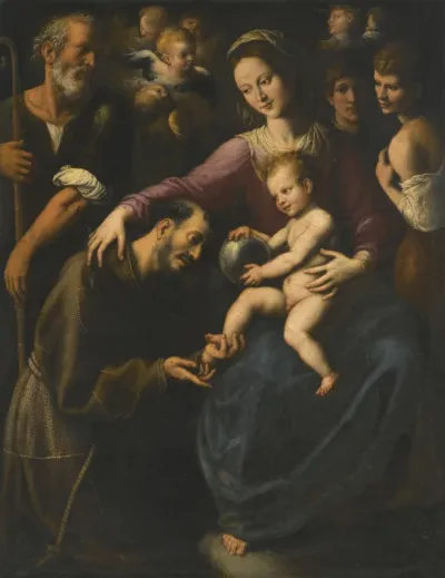 The Holy Family with Saint Francis of Assisi adoring the Christ Child