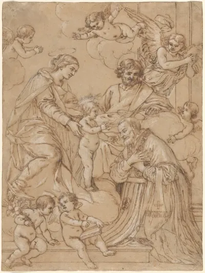 The Holy Family with Saint Philip Neri in Adoration, an Angel, and Putti