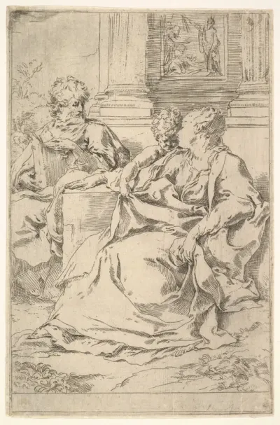 The Holy Family with Scriptural Scene in Background