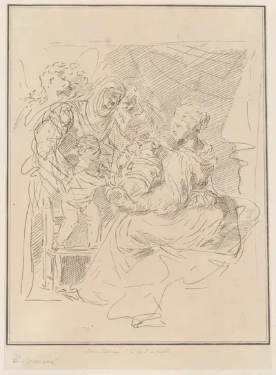 The Holy Family with the infant Saint John the Baptist, and other saints and angels