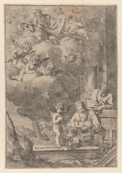 The Holy Family with the Virgin holding Christ over the cradle
