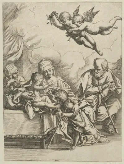 The Holy Family with young John the Baptist and Saint Elizabeth, two angels above, after Reni