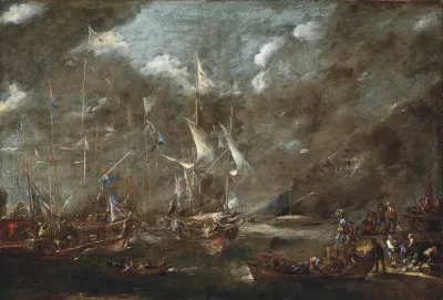 The Holy League's fleet lying off a harbour, thought to be Genoa, before the battle of Lepanto