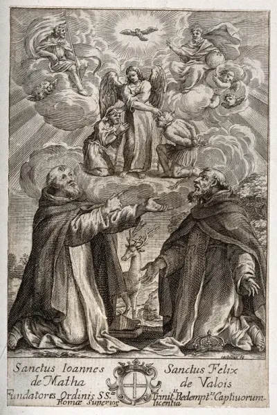 The Holy Trinity and an angel with captives, receiving intercessions from Saint John of Matha and Saint Felix of Valois representing the Trinitarian Order
