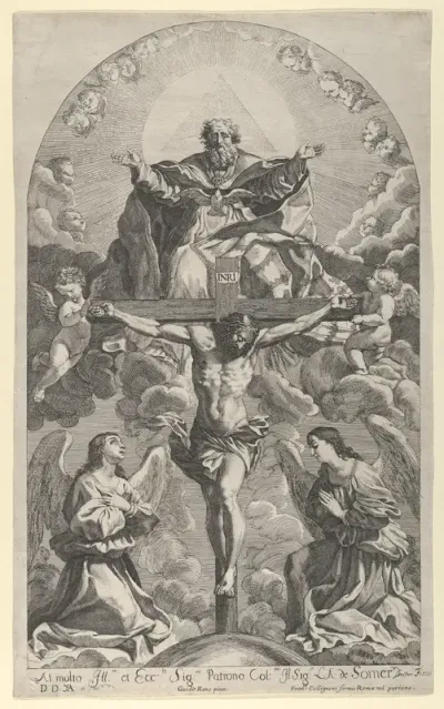 The Holy Trinity; Christ on the cross flanked by two angels, the Holy Spirit as a dove and God in heaven above the cross, a rectangular composition with half-circle at the top, after Reni