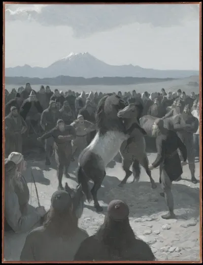 The Horse Fight at Hlíðarendi. Illustration for Njal’s Saga, ch. 59