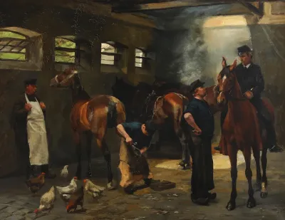 The horses getting shoes on at the blacksmith.