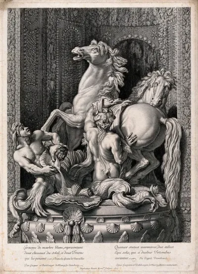 The horses of Apollo being groomed by two Tritons
