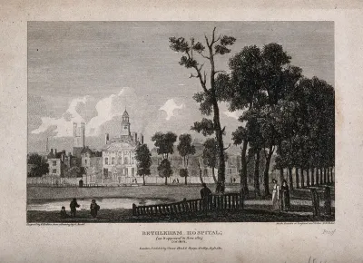The Hospital of Bethlem [Bedlam] at Moorfields, London: seen from the north, children playing with a boat on a pond in the foreground