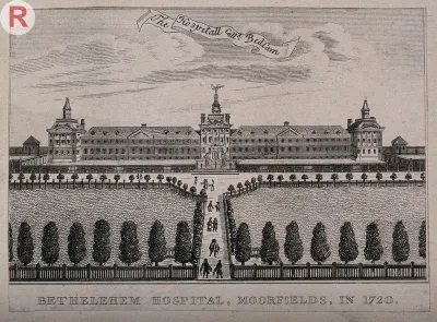 The Hospital of Bethlem [Bedlam] at Moorfields, London: seen from the north, with figures in the foreground
