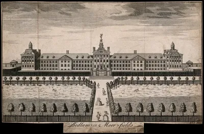 The Hospital of Bethlem [Bedlam] at Moorfields, London: seen from the north, with ladies and gentlemen walking in the foreground