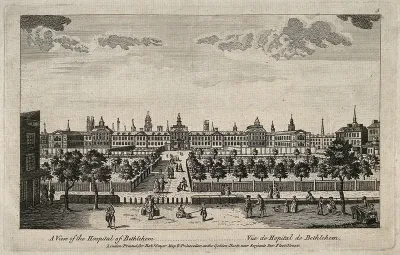 The Hospital of Bethlem [Bedlam] at Moorfields, London: seen from the north, with people in the foreground