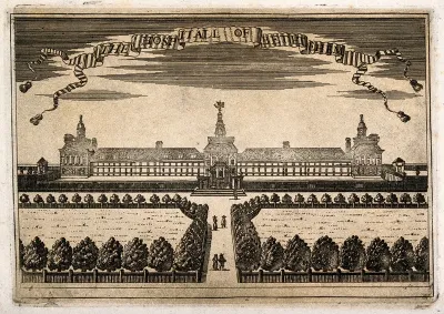 The Hospital of Bethlem [Bedlam] at Moorfields, London: seen from the north, with people walking in the foreground