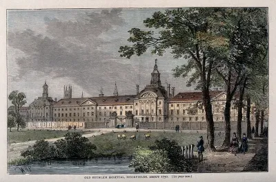 The Hospital of Bethlem [Bedlam] at Moorfields, London: seen from the north, with sheep grazing and people walking in the foreground
