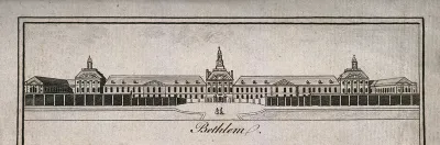 The Hospital of Bethlem [Bedlam] at Moorfields, London: seen from the north, with two figures in the foreground