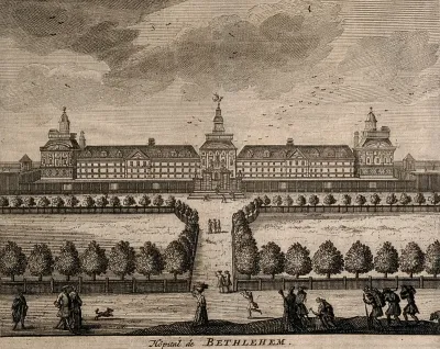 The Hospital of Bethlem [Bedlam] at Moorfields, London: seen from the south, with people walking in the foreground