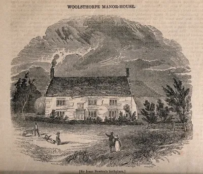 The house in Woolsthorpe, Lincolnshire, where Sir Isaac Newton was born; a man and a woman approach the house