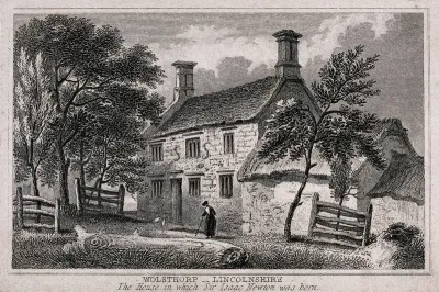 The house in Woolsthorpe, Lincolnshire, where Sir Isaac Newton was born; an old woman walks with a stick in the foreground