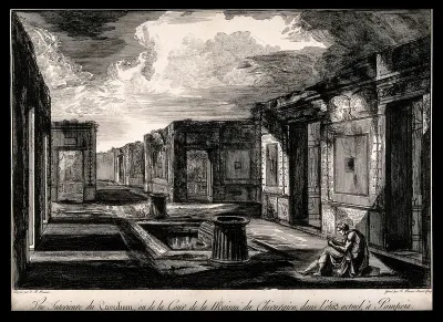 The House of the Surgeon, Pompeii: the courtyard, with an artist sketching the ruins