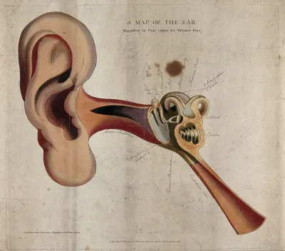The human ear: a diagram showing the parts of the inner and outer ear