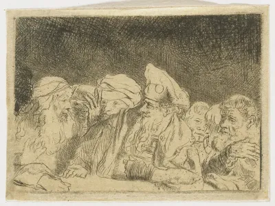 The Hundred Guilder Print: the figures leaning on the wall in the centre left