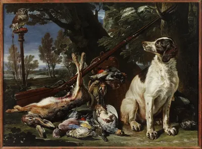 The hunter's trophy with a dog and an owl