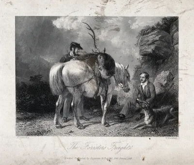 The huntsman is sitting down for a rest next to his dog while the gamekeeper is packing the dead stag on his horse