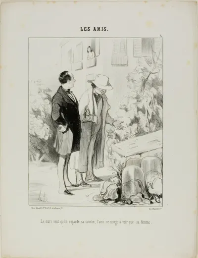 The husband wants him to look at his hot-bed, the friend only dreams of seeing his wife, plate 3 from Les Amisa