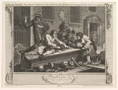 The Idle 'Prentice at Play in the Church Yard (Industry and Idleness, plate 3)